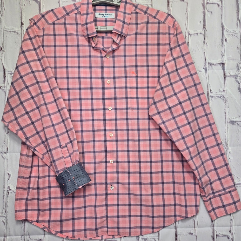 Tommy Bahama Island Zone Mens Large Pink Navy Plaid Pima Cotton Blend Shirt L/G